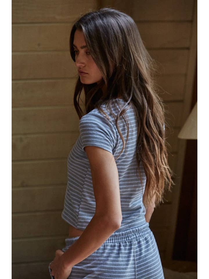 Grey Blue L8945T | Knit Polyester Cotton Striped Short Sleeve Top for wholesale on Faire