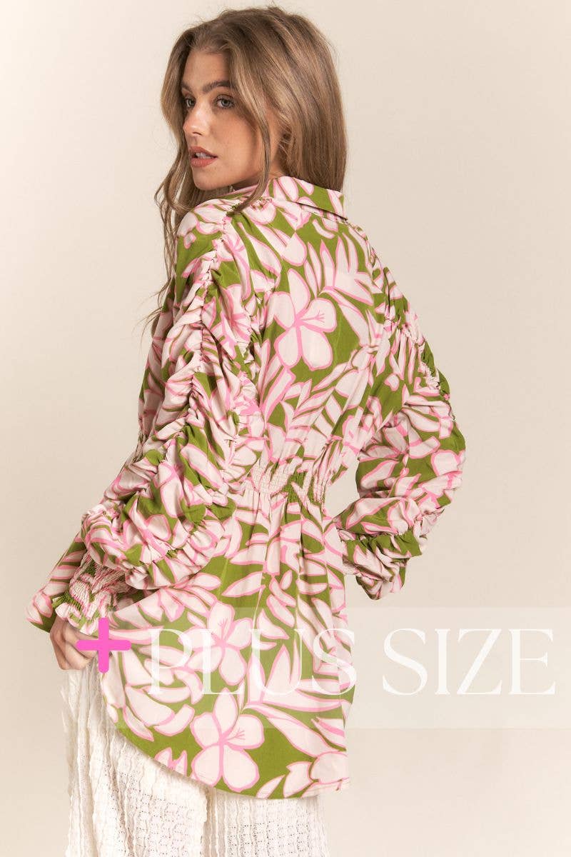 Rosa Verde Top a bottoni asimmetrico con maniche arricciate e stampa floreale taglie forti in vendita all'ingrosso su Faire3