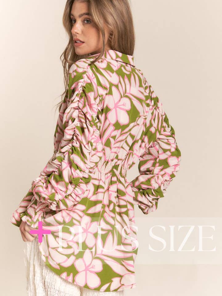 Pink Green Floral Print Ruched Sleeve High Low Button Down Top PLUS SIZ for wholesale on Faire3