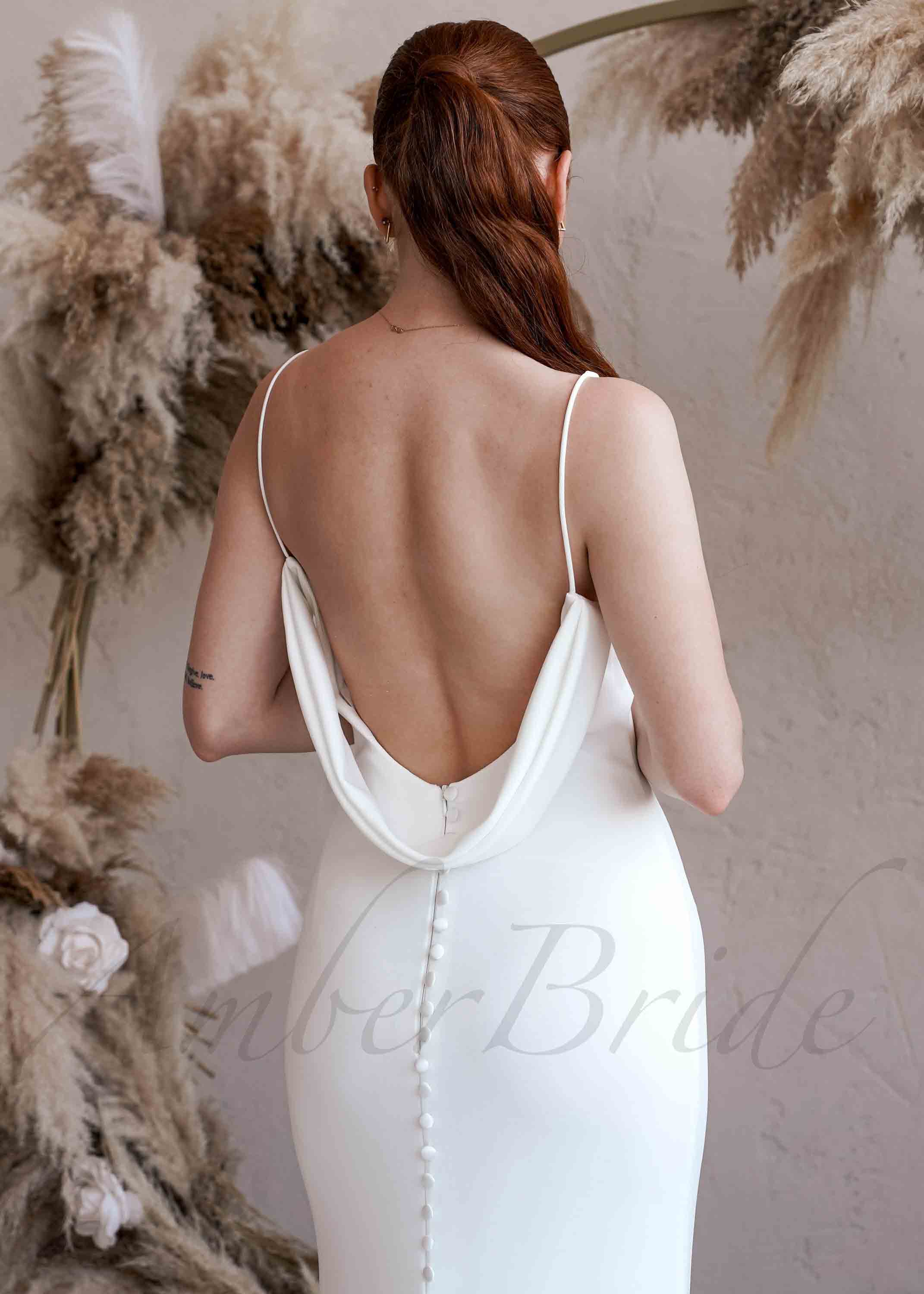 Amber Commerce Group, MB - Wholesale Gown - Women's - Simple Satin Mermaid Wedding Dress with V-Neck, Spaghetti Straps and Low Back3