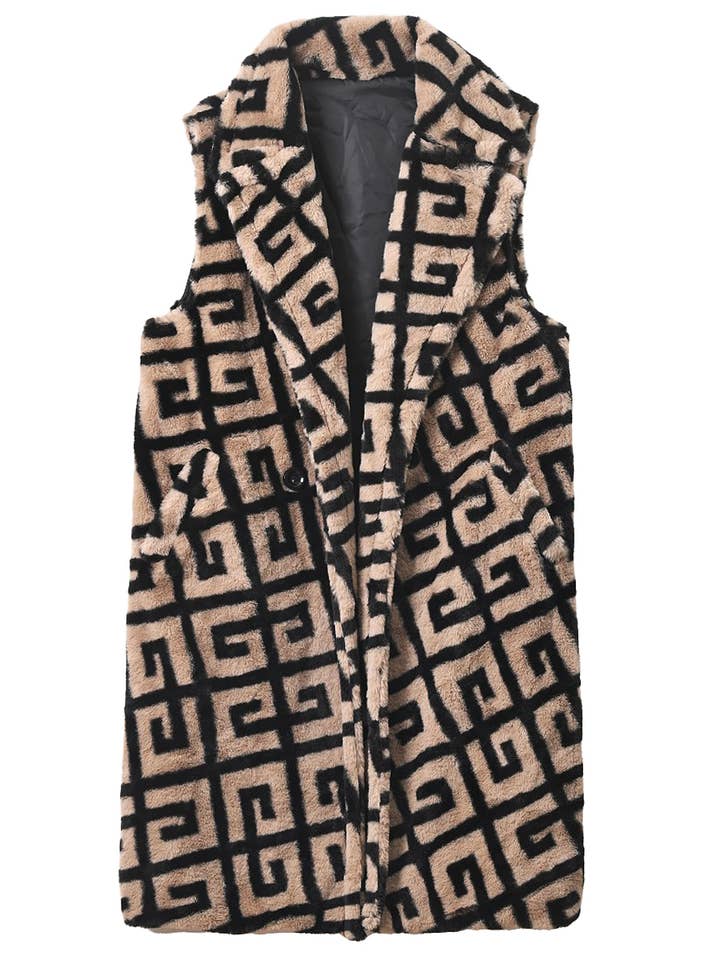 Cap Zone - Wholesale Outerwear Vest - Women's - Greek Key Fluffy Fur Collared Vest with Pockets