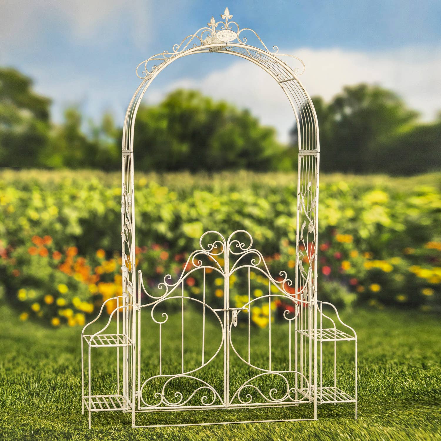 Zaer Ltd. International - Wholesale Outdoor Ornament/Decor - Iron Garden Gate w/Side Plant Stands "Stephania" in 3 Colors16