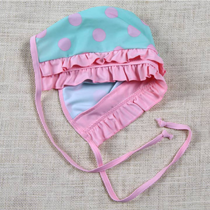 Fennco Styles - Wholesale Two Piece Swimsuit - Kids - Pink Polka Dots Green Little Girl Swimsuit & Hat3