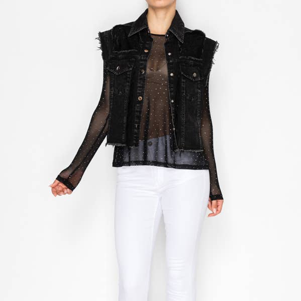 DENIM VEST WITH LACE DETAILS OLS-4938BLACK for wholesale by Origami Apparel ~ Lace and Crochet inspired