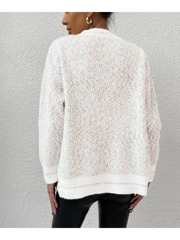 White Frenchy Marled Knit Drop Shoulder BottonFront Cardigan for wholesale on Faire3