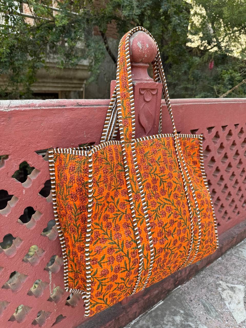 bhavnas boutique - Wholesale Tote Bag - Women's - Orange Cotton Quilted Bag Small Floral Printed Shoulder Bags2
