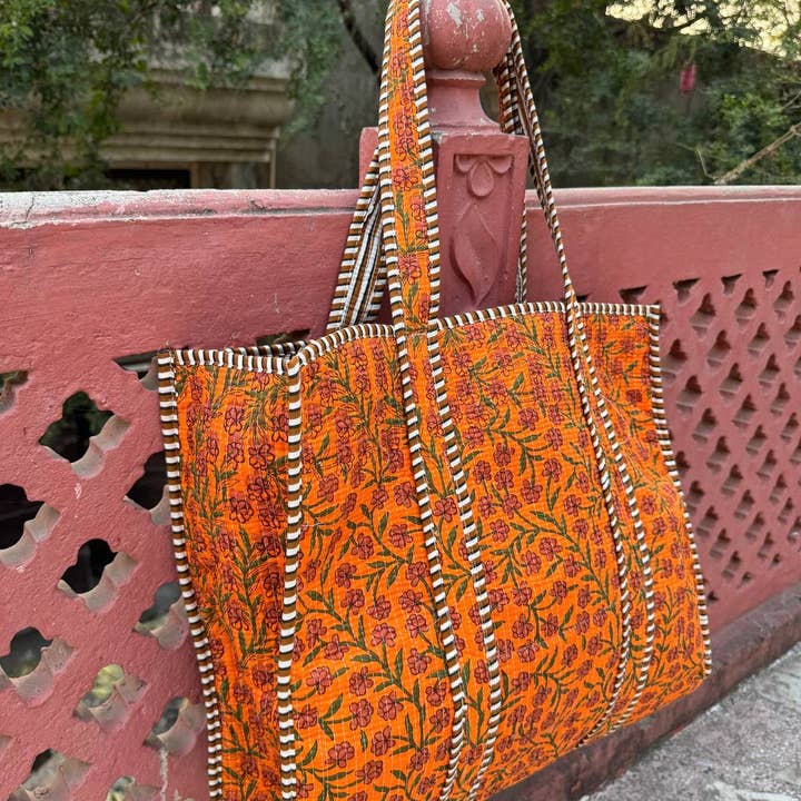 bhavnas boutique - Wholesale Tote Bag - Women's - Orange Cotton Quilted Bag Small Floral Printed Shoulder Bags2