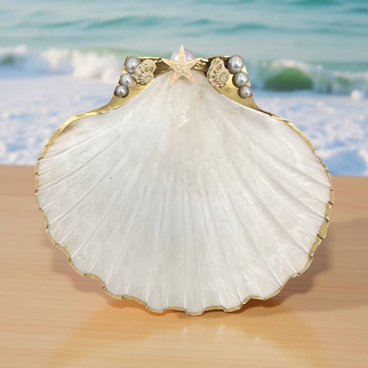 Sunset Blush Scallop Shell Dish – Gold & Rhinestones for wholesale by Shell Yeah By Jaks LLC