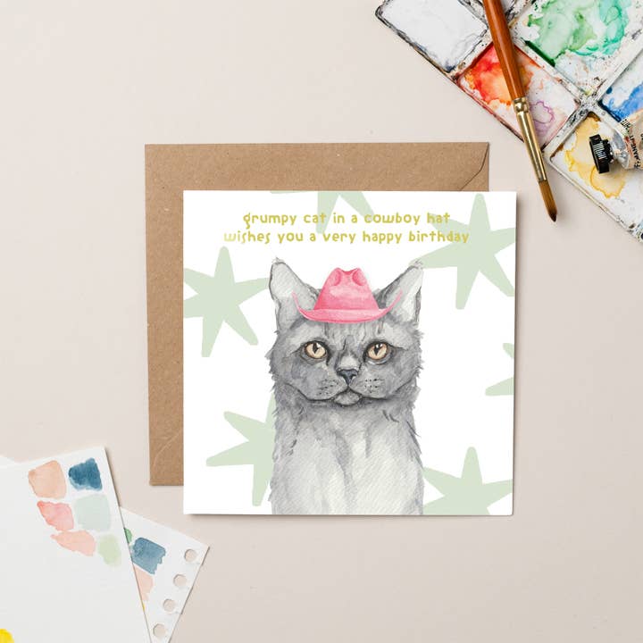 Carte d'anniversaire Grumpy Cat avec chapeau de cow-boy et feuille d'or pour la vente par lil wabbit