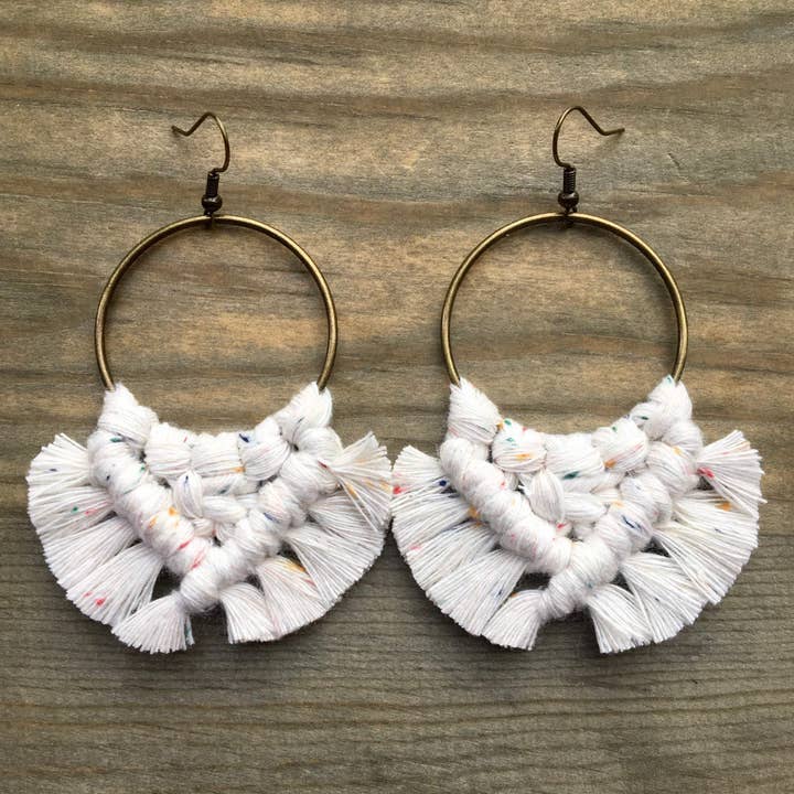 HK Macrame Jewelry - Wholesale Dangle Earrings - Large Square Knot Fringe Earrings - Rainbow Dust & Bronze