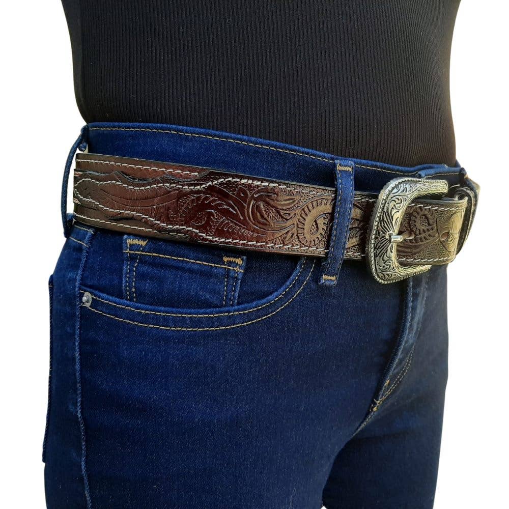 Baja Leather - Vendita all'ingrosso Cintura - Unisex - Cintura in Pelle Intagliata Western - Azteco - Pelle Marrone3