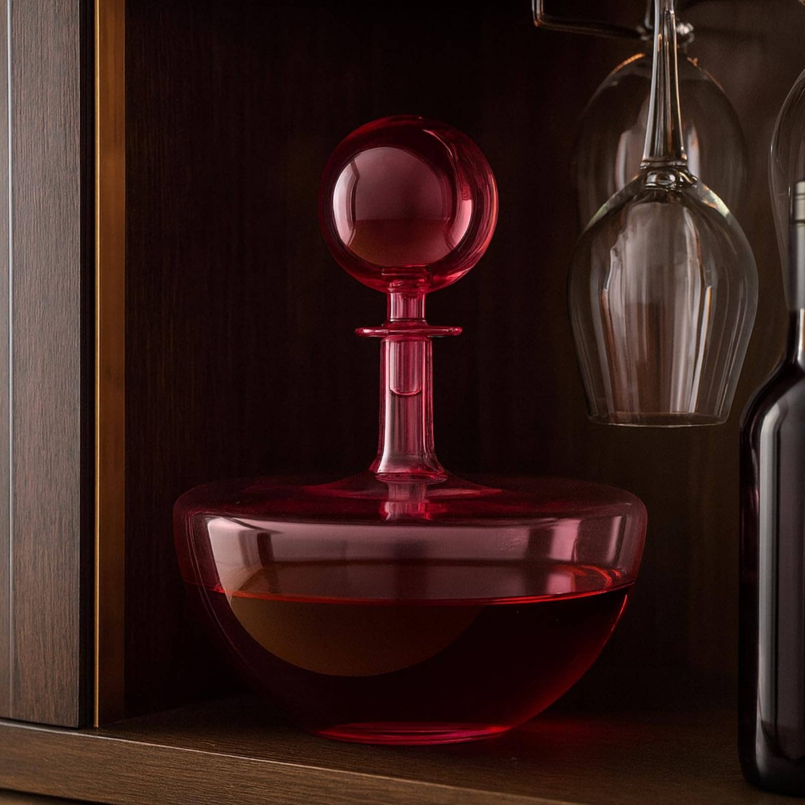 The Wine Savant /  Khen Glassware – Decantador por atacado – Decantador de Vinho de Vidro de Arco Baixo Rosa Blush Soprada à Mão4