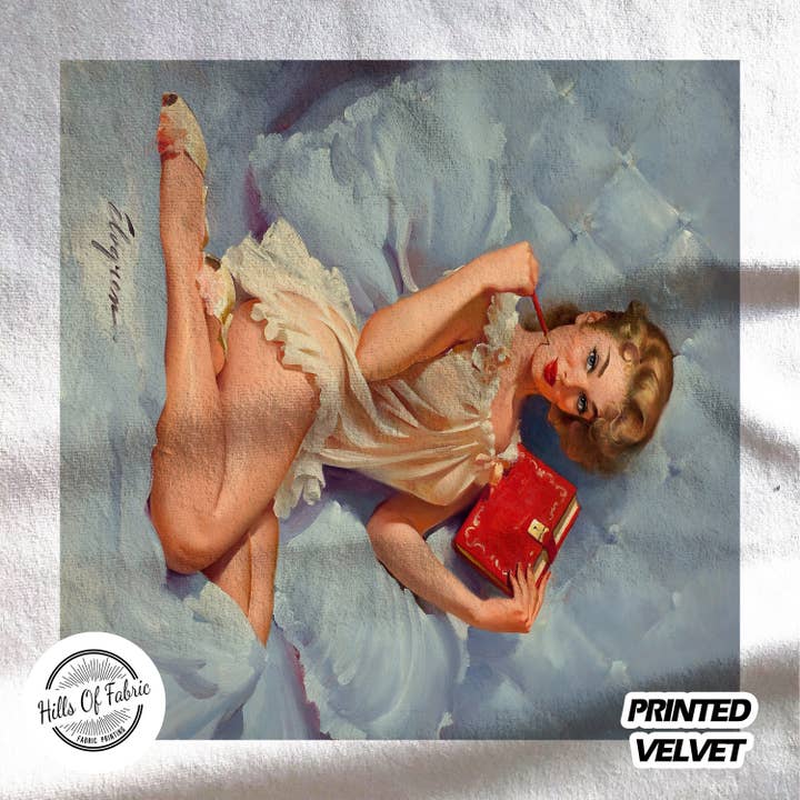 Pin Up Girl Blue Bedroom Printed Fabric Panel for wholesale by Hills Of Fabric