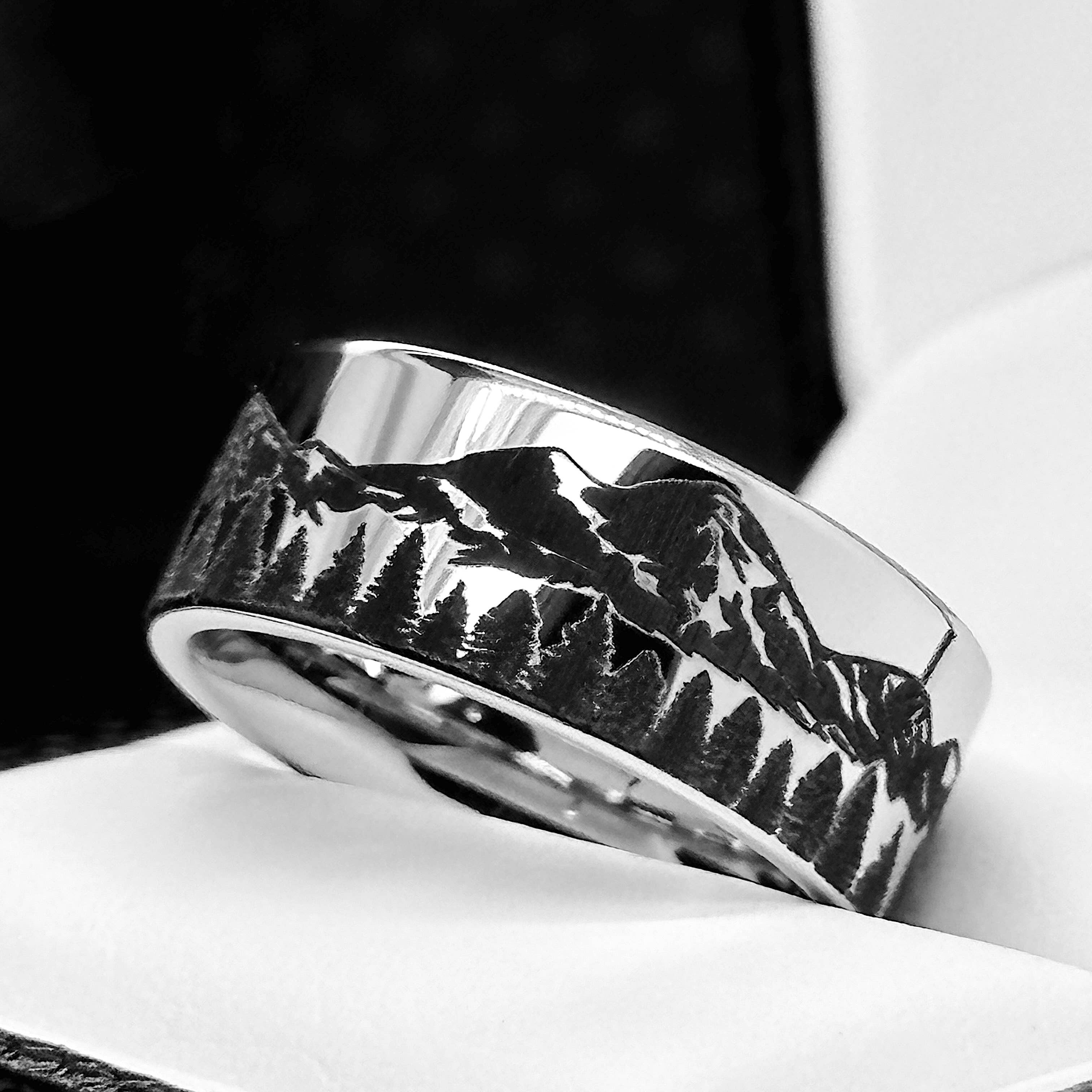 rings paradise – Anel de banda por atacado – Anel de tungsténio gravado nas Montanhas Rochosas6