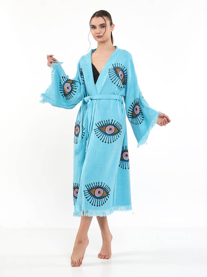 Light Blue Evil Eye Bathrobe Kimono Robe Kaftan Coverup for wholesale by Yaz Concepts