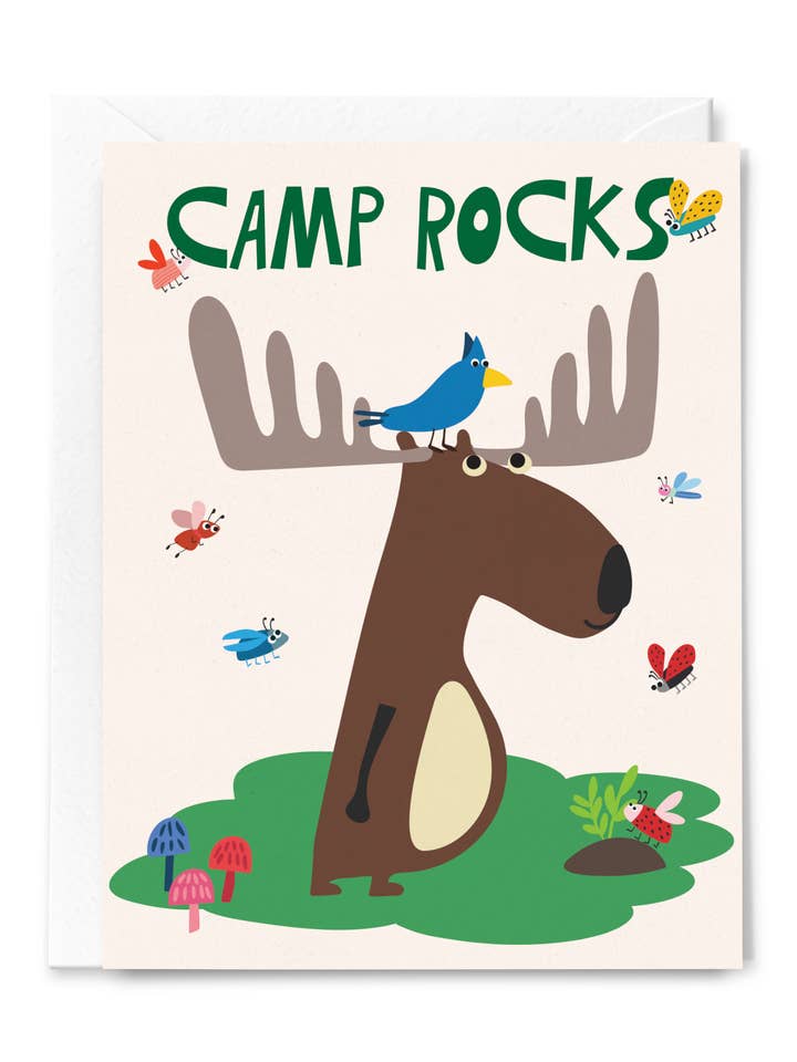 Camp Rocks Moose Summer Camp Card for wholesale by Happy Just Happy