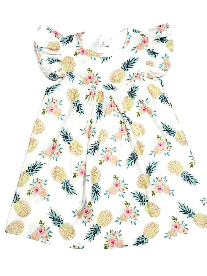 Pineapple Floral Milk Silk Flutter Dress for wholesale by Great Lakes Kids Apparel