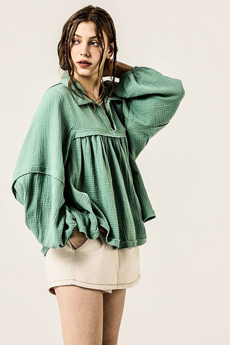 noflik - Wholesale Blouse - Women's - Plus  Bubble Slv Cotton gauze Babydoll Blouse- INT1070P_5