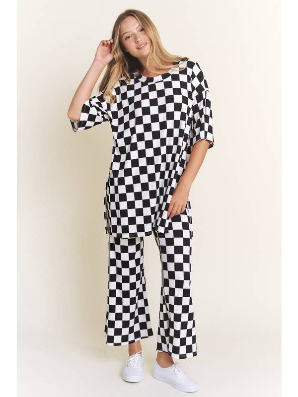 JADE BY JANE - Wholesale Lounge Set - Women's - RIBBED CHECKERED PRINT TOP/STRAIGHT LEG PANTS SET3