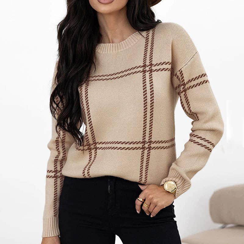 Anna Kaci Wholesale – wholesale Knitted jumper – Women′s – Plaid Pattern Crew Neck Long Sleeve Knit Sweater13