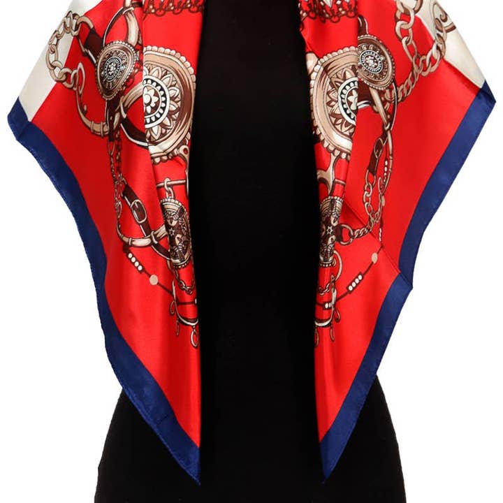 ASSORTED Two Tone Royal Emblem Print Faux Silk Square Scarf for wholesale on Faire1