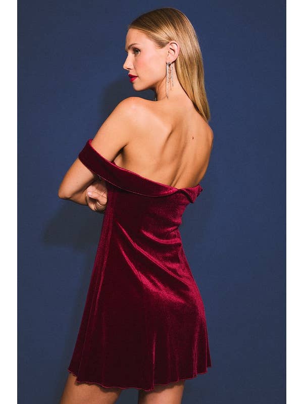 Burgundy Strapless Off Shoulder Velvet Mini Dress for wholesale on Faire
