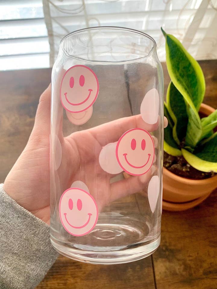Pink smiley face glass mug, glass beer can cup, glass can for wholesale by MarieDesignCo