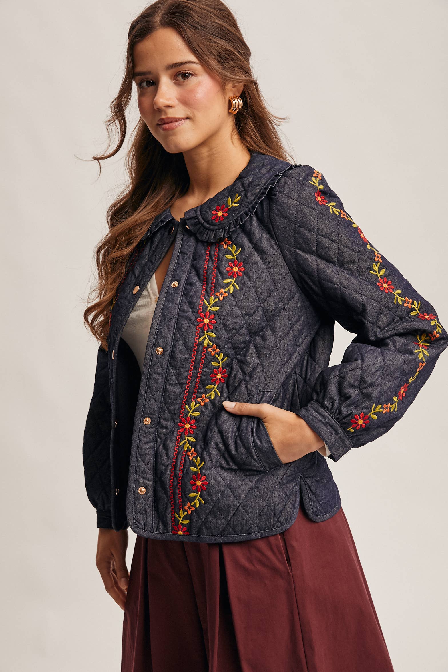 Midnat Indigo Broderet quiltet denimjakke FJ0008 for engroshandel på Faire8