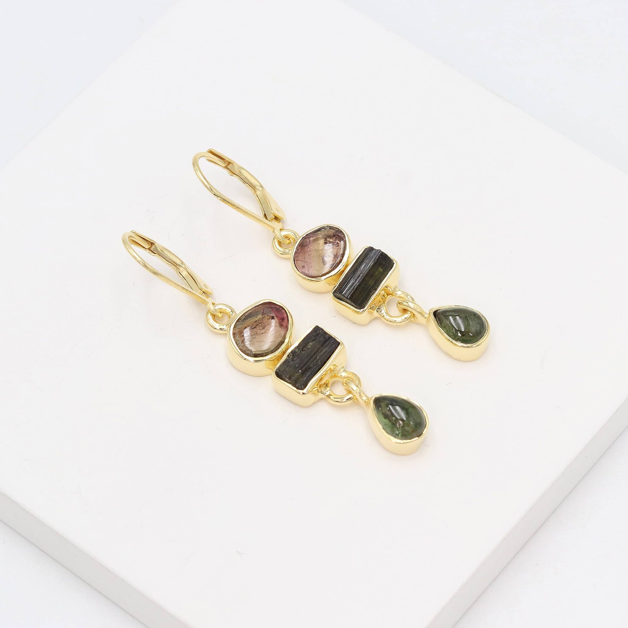 Jay Jools - Wholesale Dangle Earrings - Watermelon Tourmaline Earrings: 925 Solid Silver Gold Plated6
