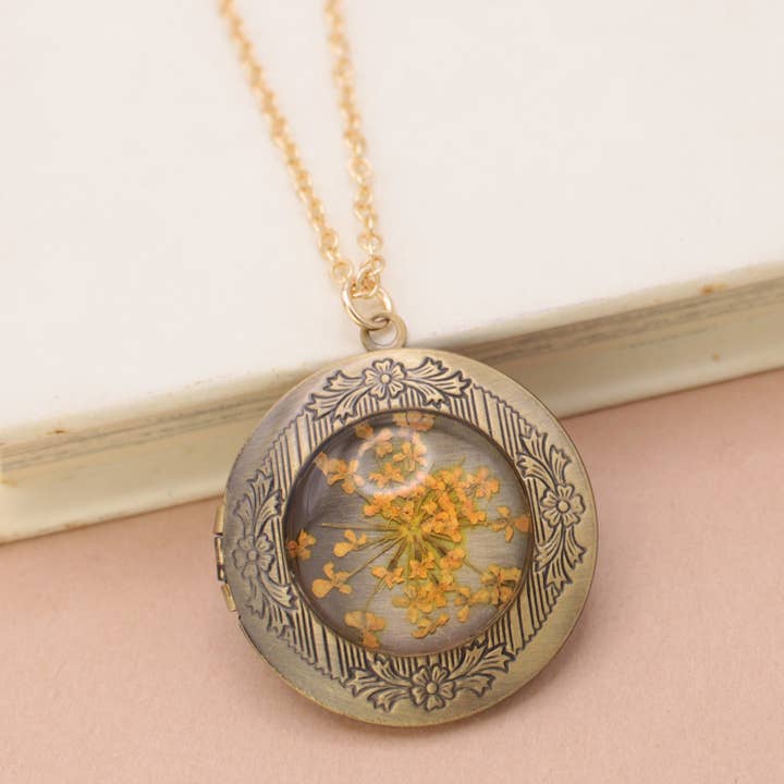Vintage Yellow Dried Flower Locket Necklace for wholesale by ZAD