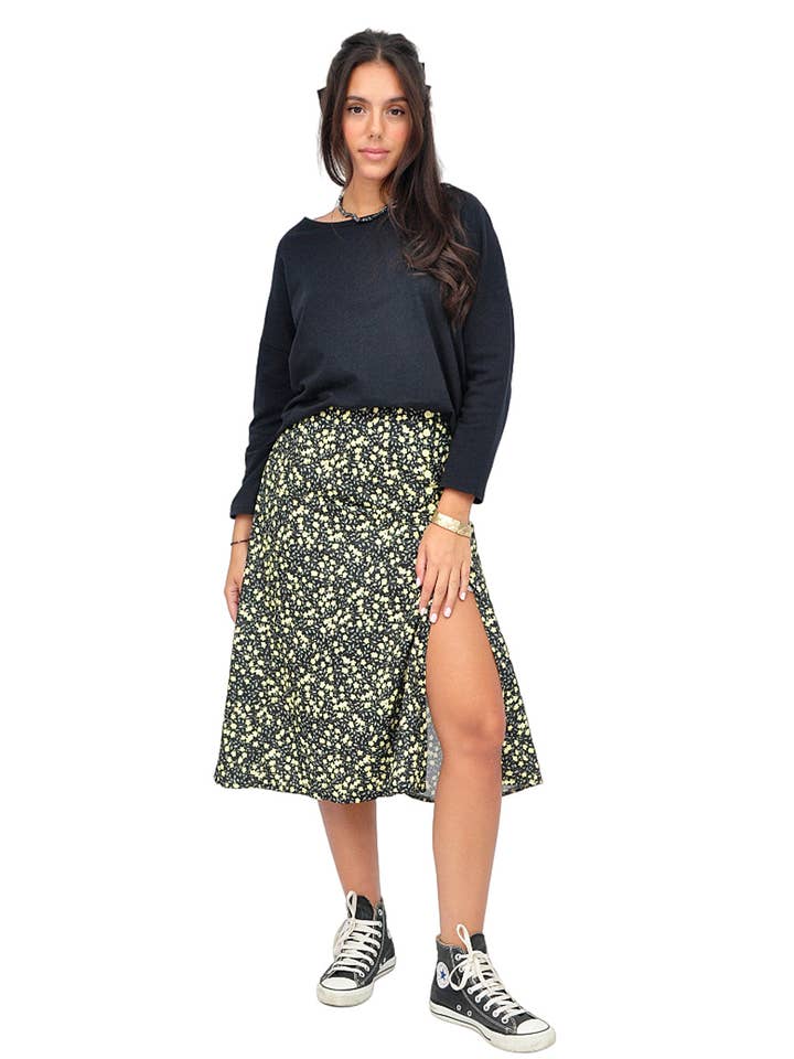 Jupe midi fleurie noire et jaune pour la vente par Kalimera Clothing Athens