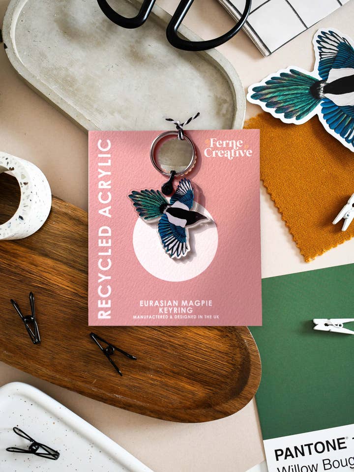 Magpie Recycled Plastic Keyring for wholesale by Ferne Creative