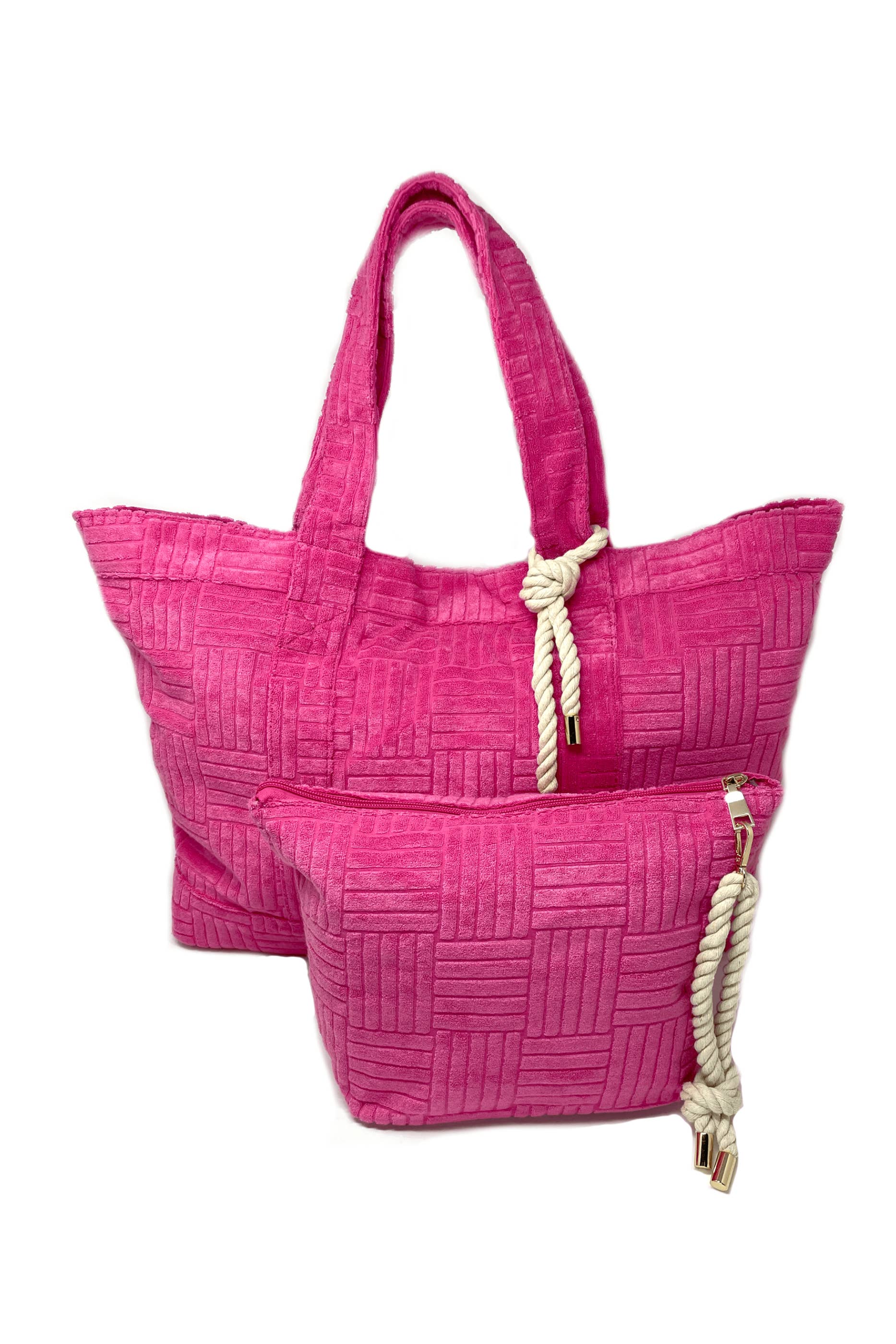 Bette - Wholesale Tote Bag - Women's - Rosa Pink Terry Cloth Weekender Bag Set w/ Waterproof Clutch