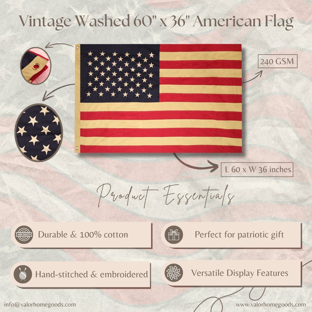 Valor Home Goods - Vente Drapeaux - Drapeau américain vintage lavé de style ferme 60"x36" 100% coton3