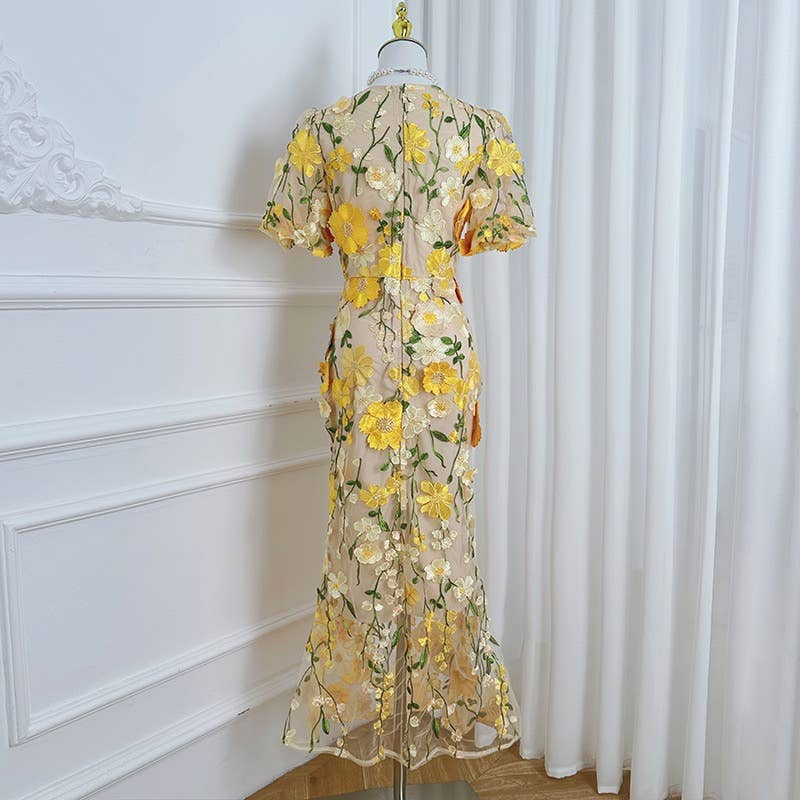 Sanyao Fashion - Wholesale Dress - Women's - SY474 3D Floral Embroidered Puff Sleeve Fishtail Skirt1