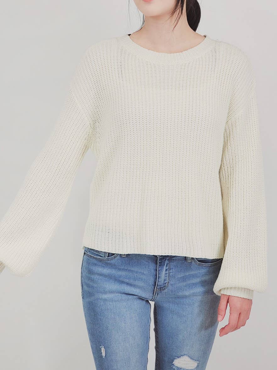 Mak – wholesale Pullovertröja - Dam – Puff Bell Sleeve Våffelstickad Pullover Tröja Topp MK36548