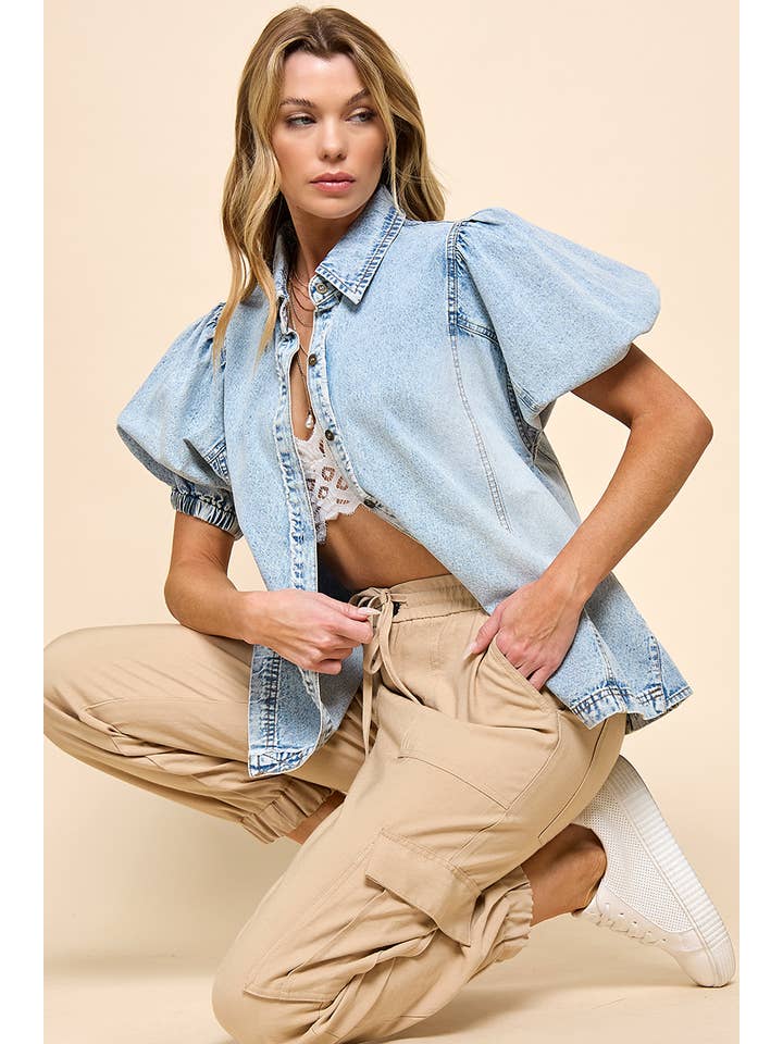 Light Blue Button Down Denim Top for wholesale on Faire5