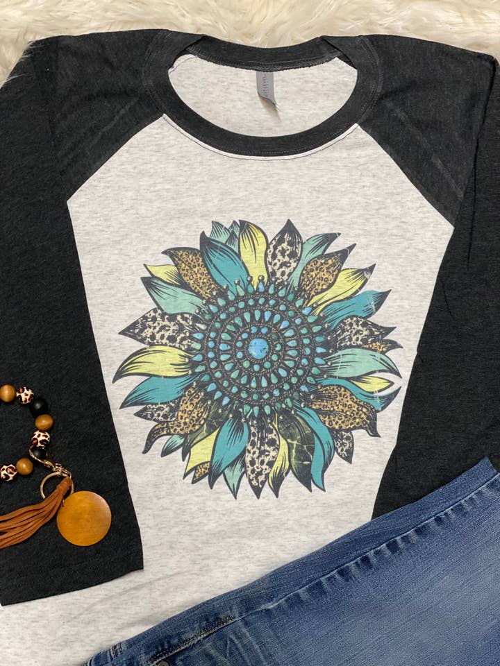 Turquoise & Leopard Sunflower Raglan Sublimation for wholesale by Neat Creations