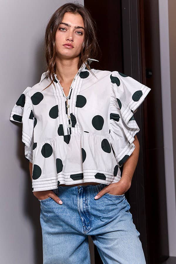 BUCKETLIST INC - Wholesale Blouse - Women's - IT2337 Ruffle Sleeves Pintuck Detail Polka Dot Print top23