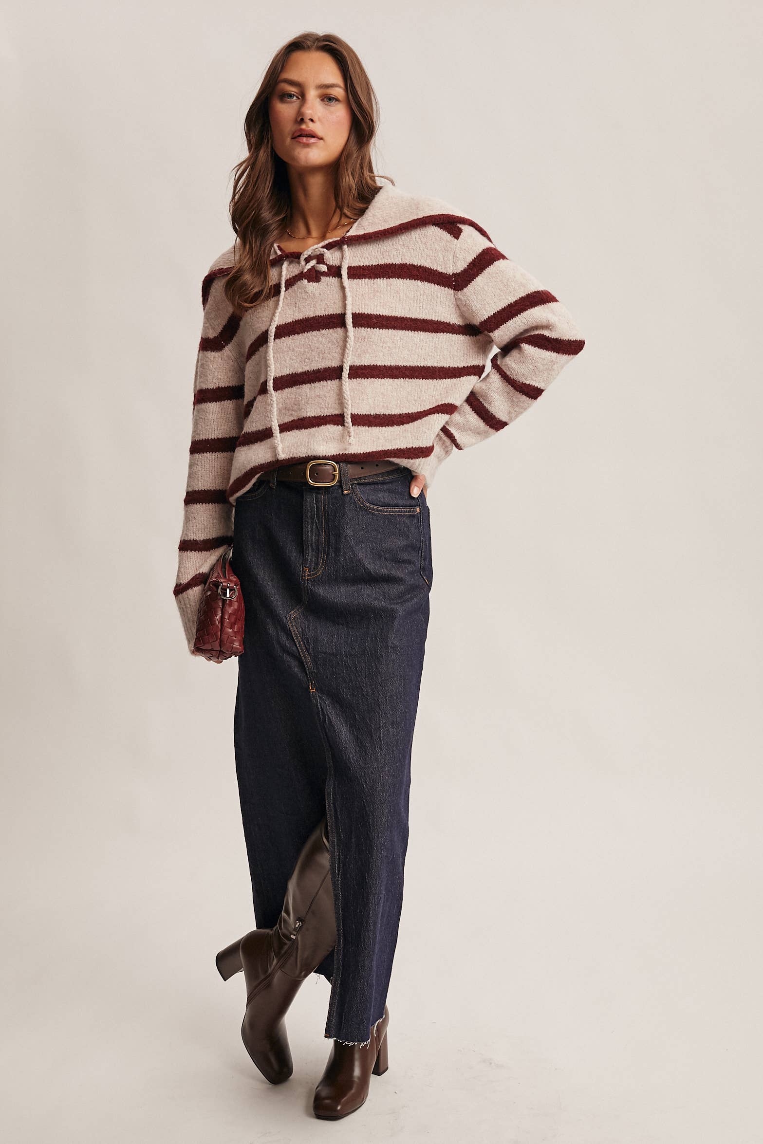 Forte - Vendita all'ingrosso Maglione tricot - Donna - Maglione a Maglia con Colletto da Marinaio a Righe FSW00128