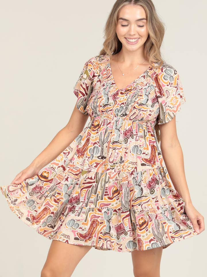 C4937-WA75 CACTUS PRINT V NECK SMOCKED BODICE DRESS for wholesale by ANGIE