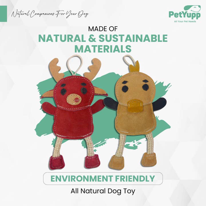 PetYupp - Wholesale Pet Toy Set - Dog - Leather, Cotton & Jute Toy with Coconut Fiber Filling - Pack of 2 (Ducky & Moosey)