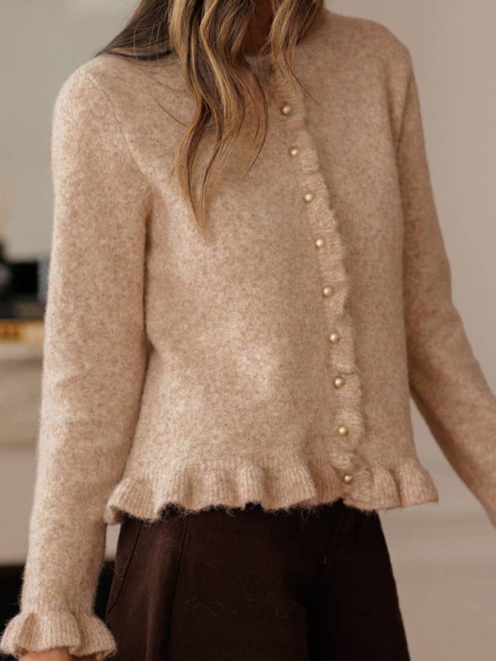Oatmeal Ruffle Trim Gold Button Sweater Cardigan for wholesale by Shoppe247