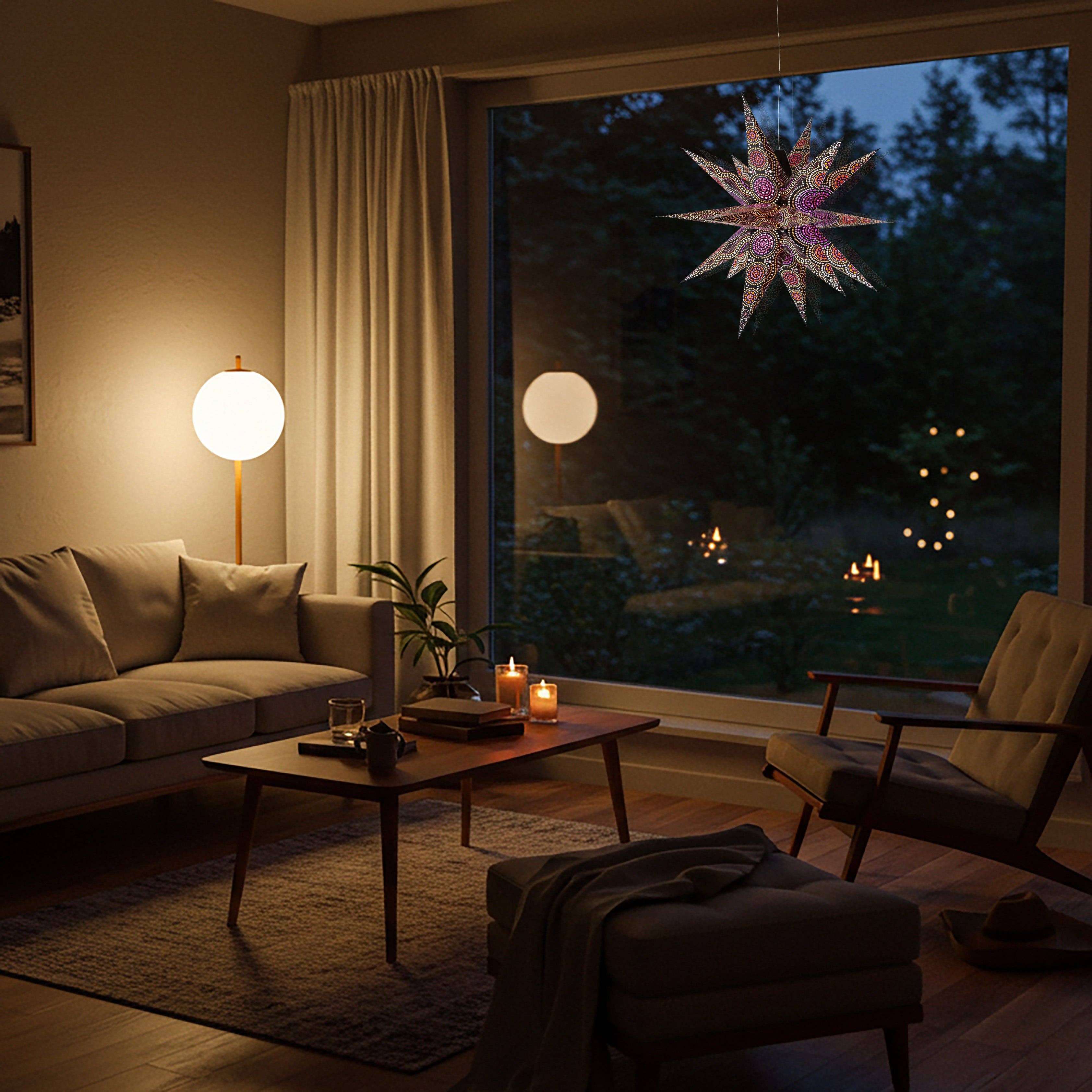 Artschatz LLC – wholesale Paper lantern/lamp – Kaleidoscope Moravian Star 24" black with yellow / orange and orange / red / purple tissue1