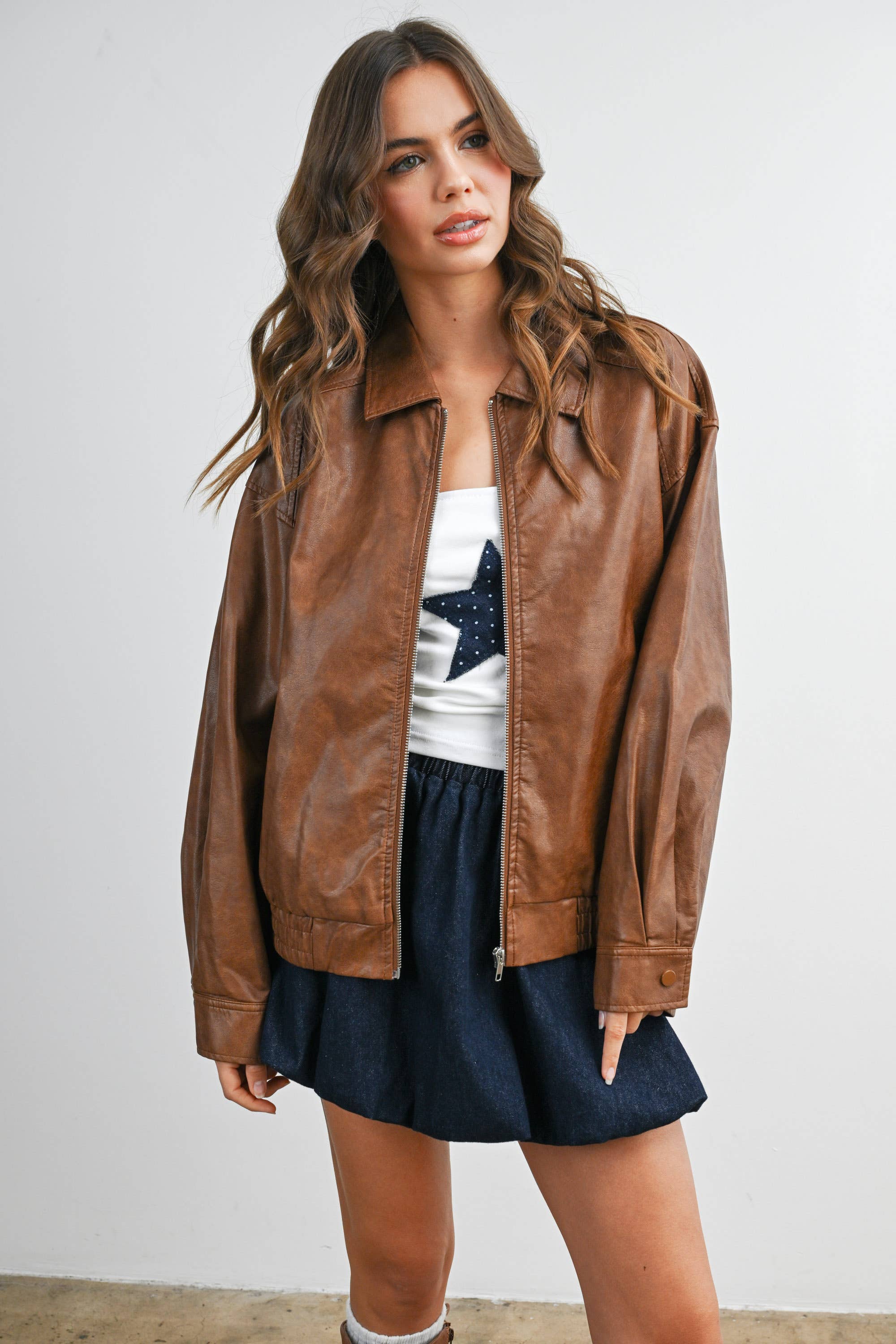 BUTTERMELON - Wholesale Jacket - Women's - Collared Zip-Front Leather Jacket - BMJ796824