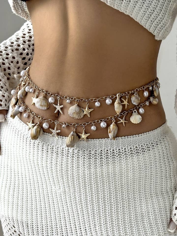 CWAJE05844_BOHO PEARL SHELL STARFISH BEACH BODY CHAIN for wholesale by NINEXIS