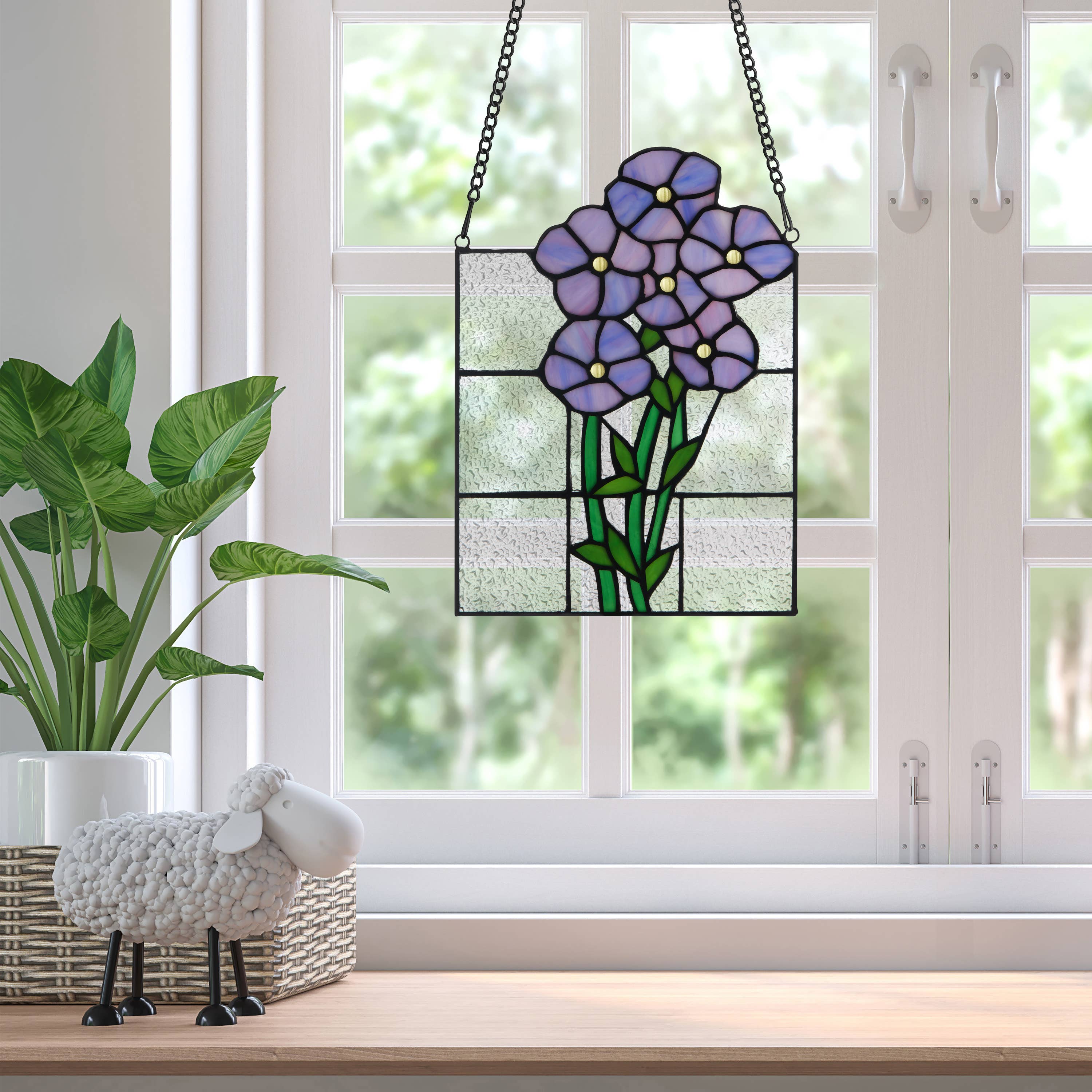 River of Goods - Wholesale Suncatcher - 10"H Forget Me Not Purple Flowers Stained Glass Window Panel