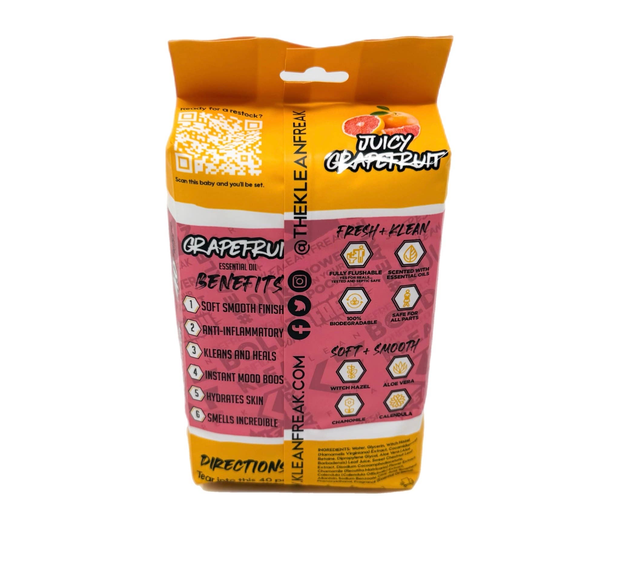 Klean Freak - Wholesale Face & Body Wipes - The Flusher 40 Pak - 3 Pak Box - Juicy Grapefruit2