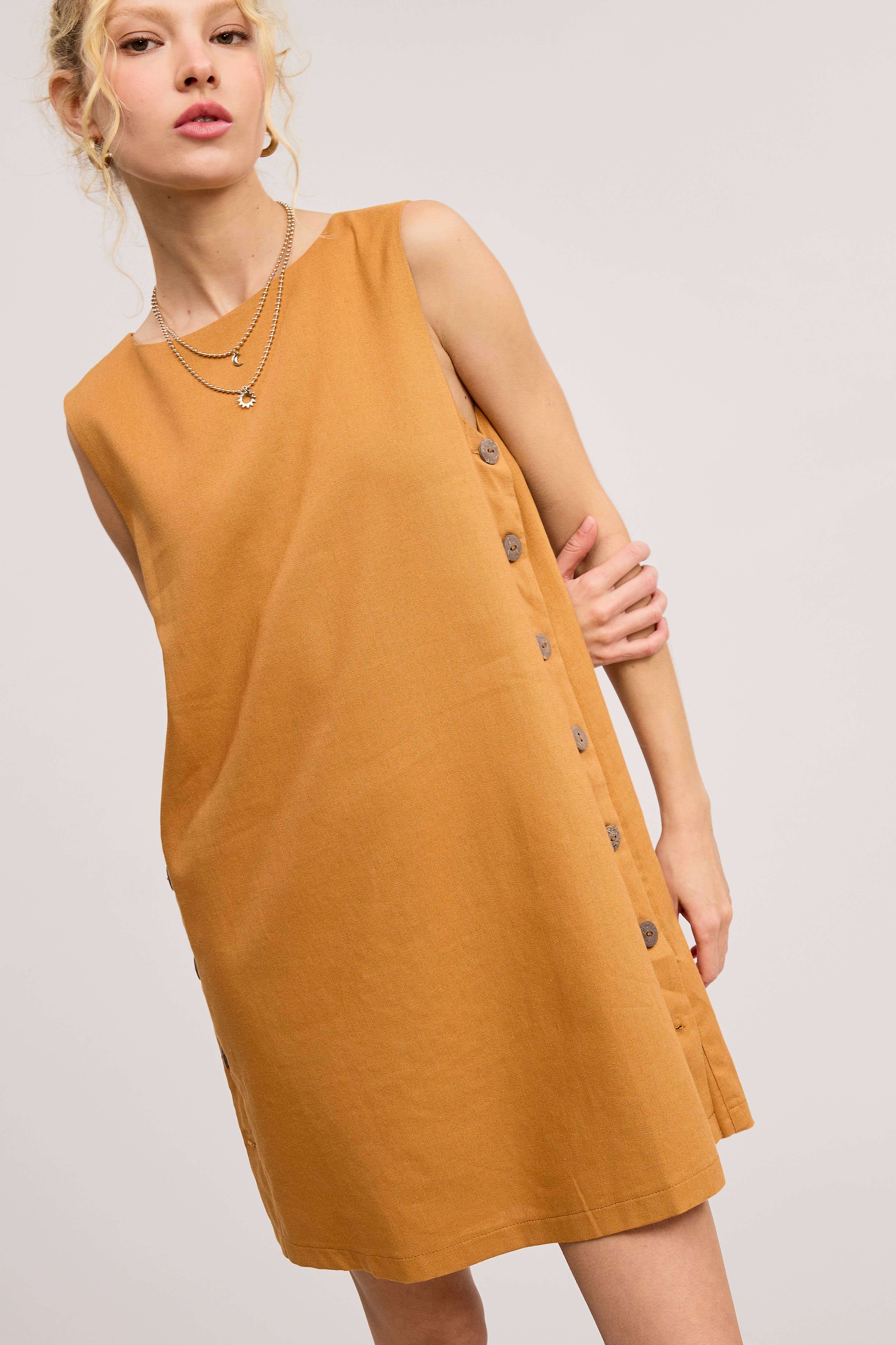 Mimosa - Wholesale Dress - Women's -  Wooden Side Button Detail Sleeveless Linen Mini Dress16