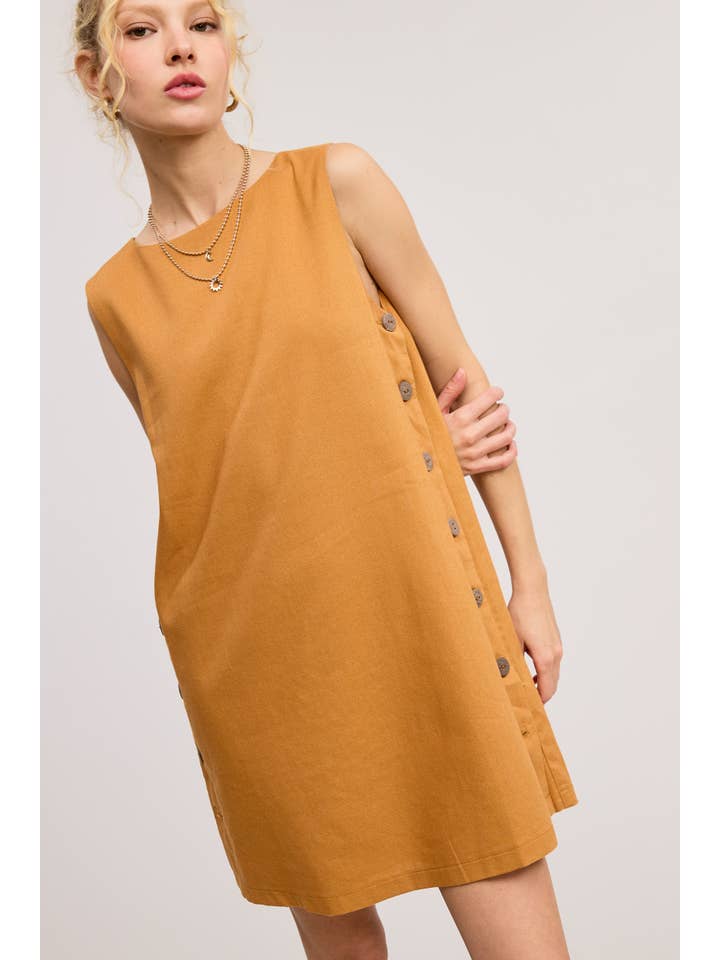 Mimosa - Wholesale Dress - Women's - Wooden Side Button Detail Sleeveless Linen Mini Dress16